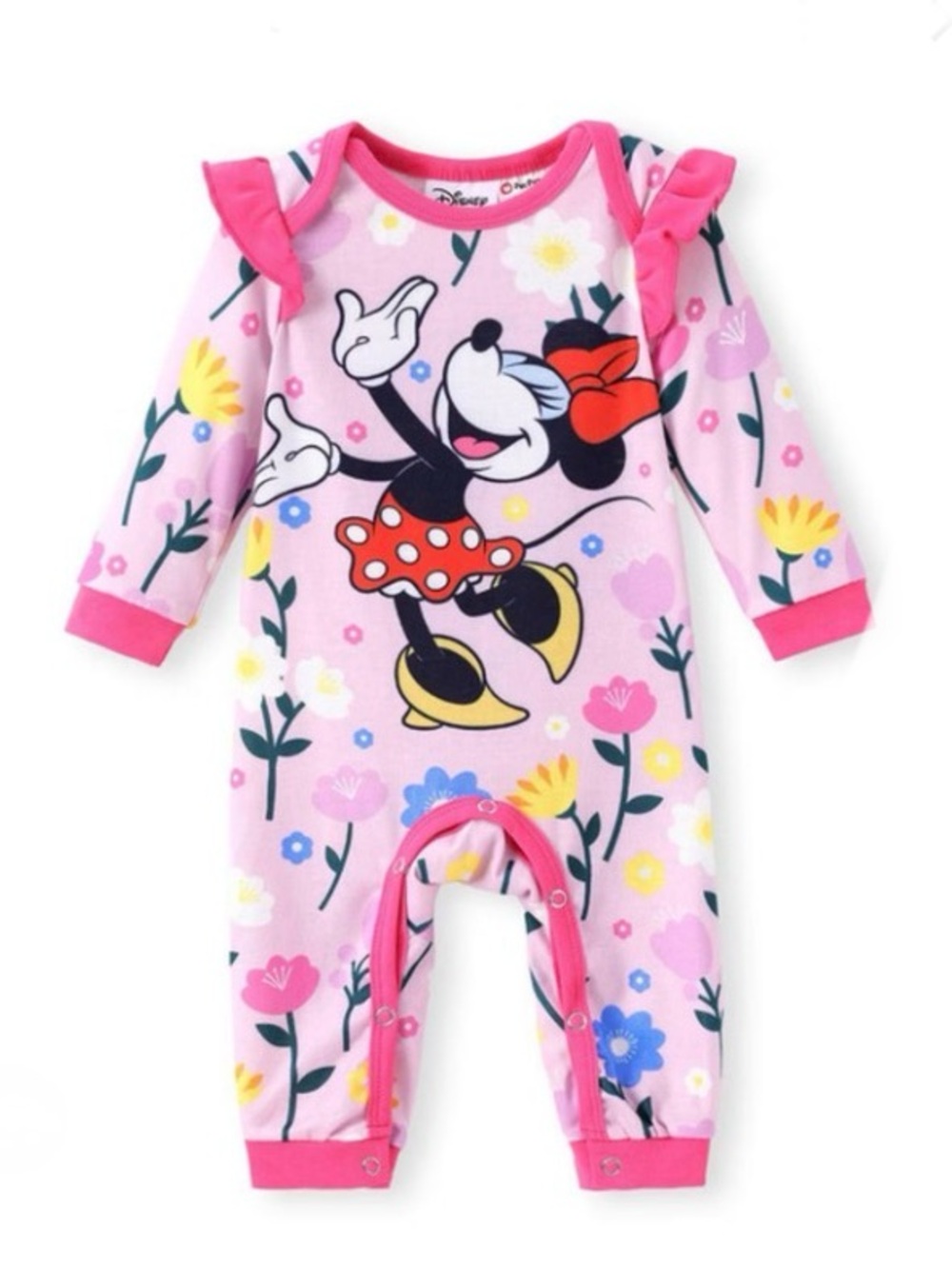 Disney Girl Pink Minnie Mouse Floral Ruffle One-Piece Jumpsuit, Size 9-12M